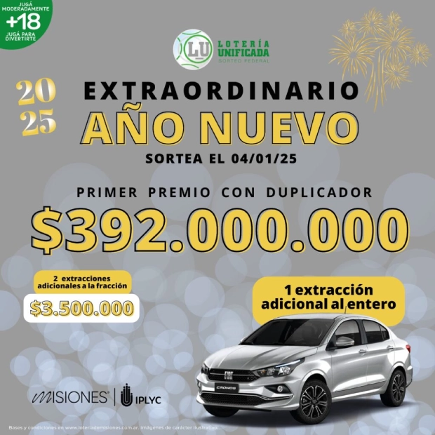 Sorteo Extraordinario de Año Nuevo - Lotería Unificada: 392 millones de pesos.