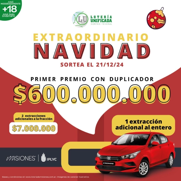 Sorteo Extraordinario de Navidad - Lotería Unificada: 600 millones de pesos.