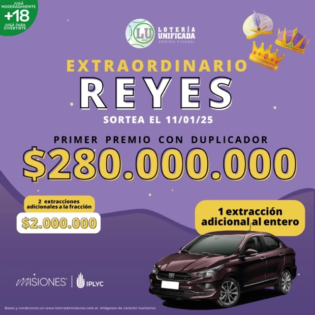 Sorteo Extraordinario de Reyes - Lotería Unificada: 280 millones de pesos.